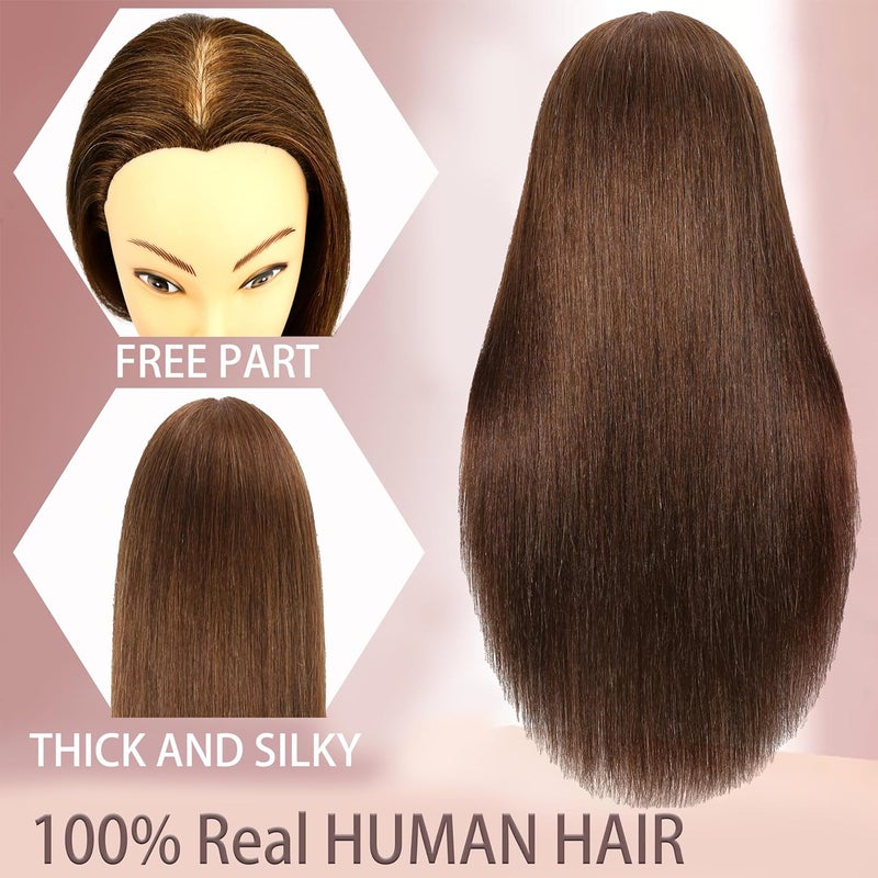 simnient Mannequin Head with 100% Real Hair, 20"Nature Brown Cosmetology Manikin Head Hair Styling Hairdressing Practice Styling Training Doll Heads with Clamp Holder clips and comb - Image 2